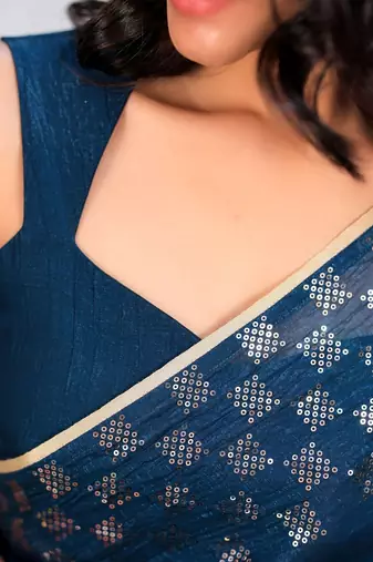 Navy blue embellished sequinned tissue heavy work saree