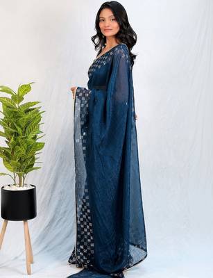 Navy blue embellished sequinned tissue heavy work saree 3