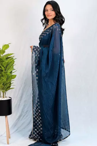 Navy blue embellished sequinned tissue heavy work saree