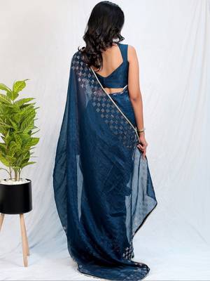 Navy blue embellished sequinned tissue heavy work saree 4