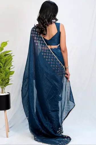 Navy blue embellished sequinned tissue heavy work saree
