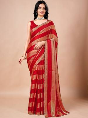 Red women ethnic motifs woven design saree 1