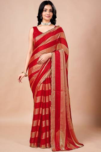 Red women ethnic motifs woven design saree