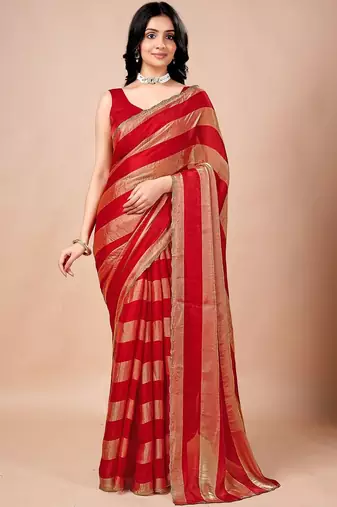 Red women ethnic motifs woven design saree