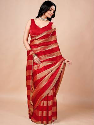 Red women ethnic motifs woven design saree 2