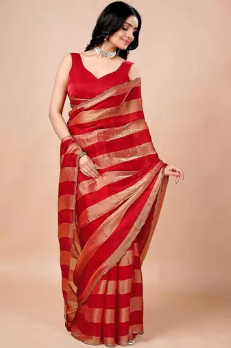 Red women ethnic motifs woven design saree