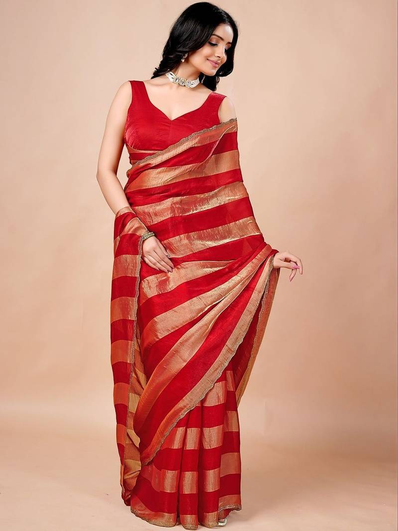 Red women ethnic motifs woven design saree