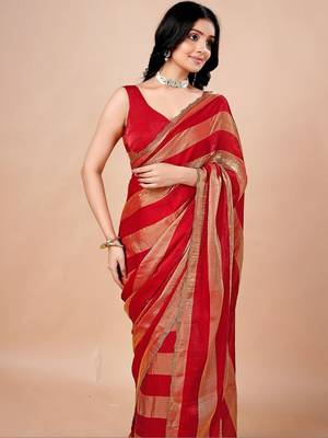 Red women ethnic motifs woven design saree 3