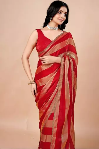 Red women ethnic motifs woven design saree