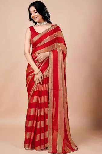 Red women ethnic motifs woven design saree