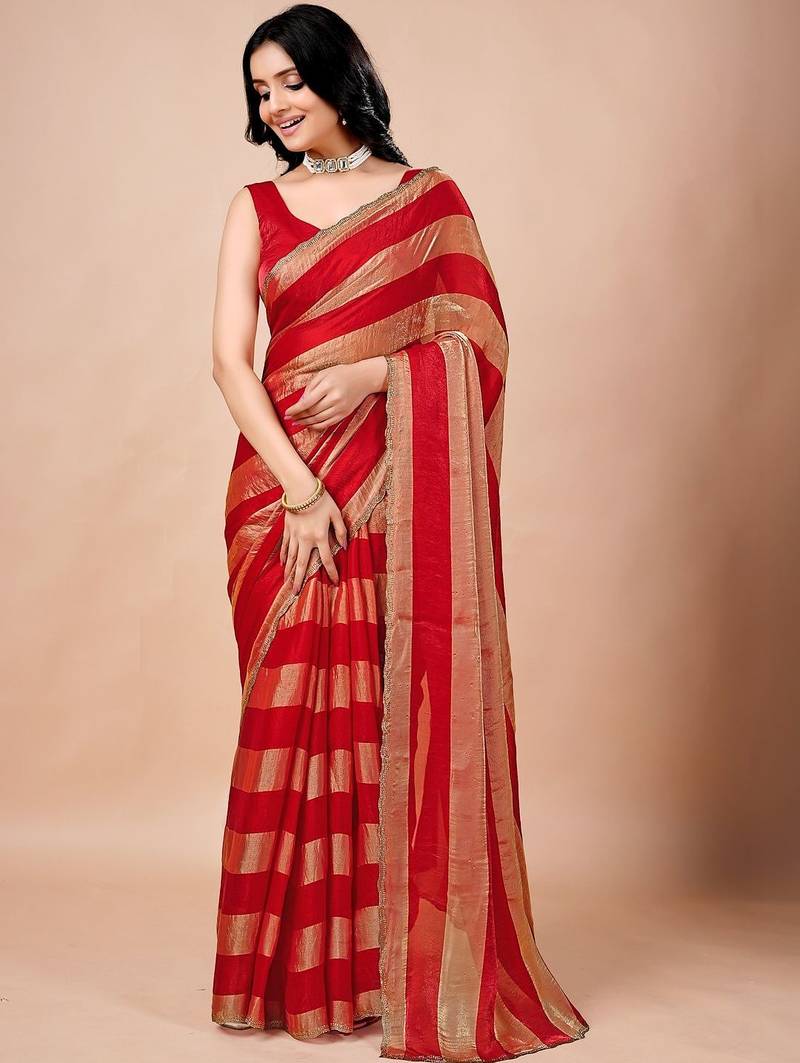 Red women ethnic motifs woven design saree