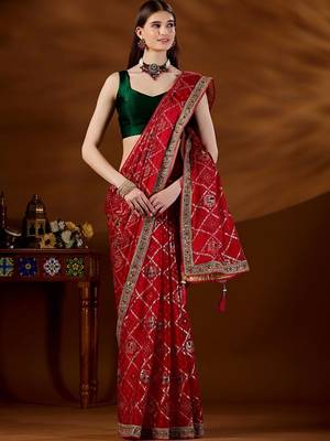 Red bandhani beads and stones organza saree 1