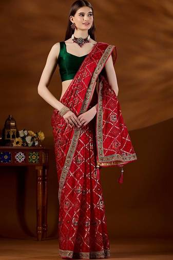 Red bandhani beads and stones organza saree