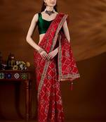Red bandhani beads and stones organza saree