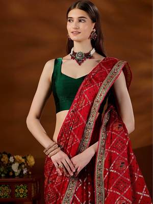 Red bandhani beads and stones organza saree 2