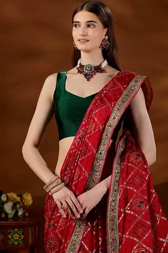 Red bandhani beads and stones organza saree