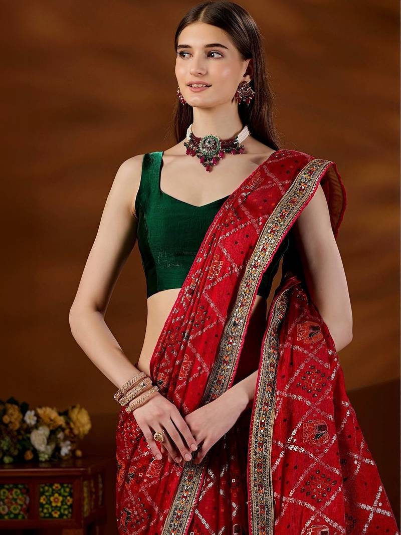 Red bandhani beads and stones organza saree