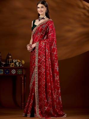 Red bandhani beads and stones organza saree 3
