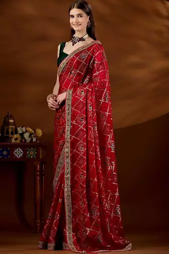 Red bandhani beads and stones organza saree