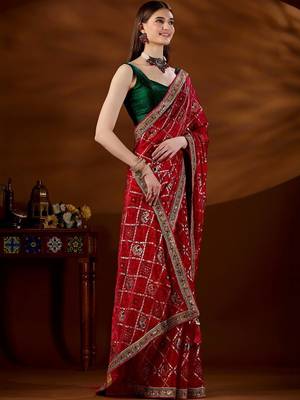 Red bandhani beads and stones organza saree 4