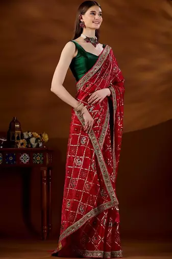 Red bandhani beads and stones organza saree