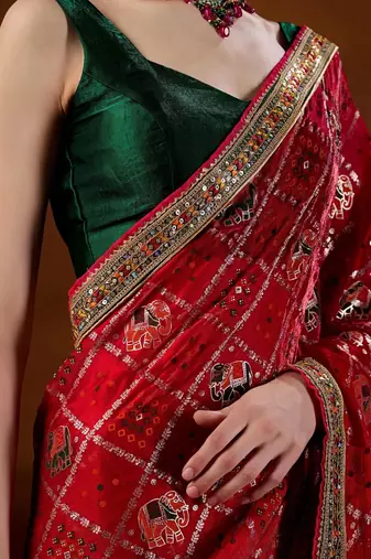 Red bandhani beads and stones organza saree