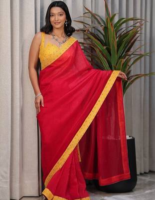Red embellished beads and stones satin saree 1
