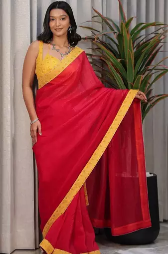 Red embellished beads and stones satin saree