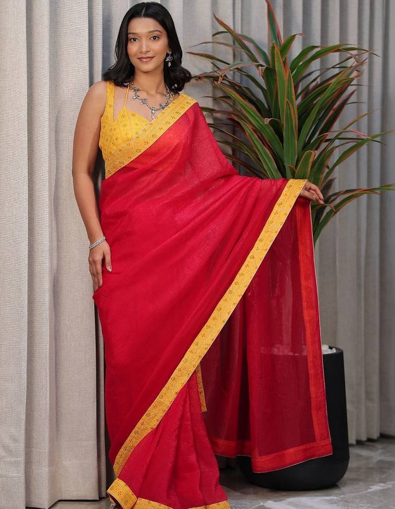 Red embellished beads and stones satin saree