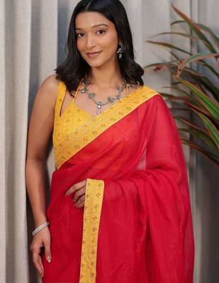 Red embellished beads and stones satin saree 3