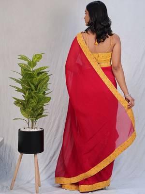 Red embellished beads and stones satin saree 4