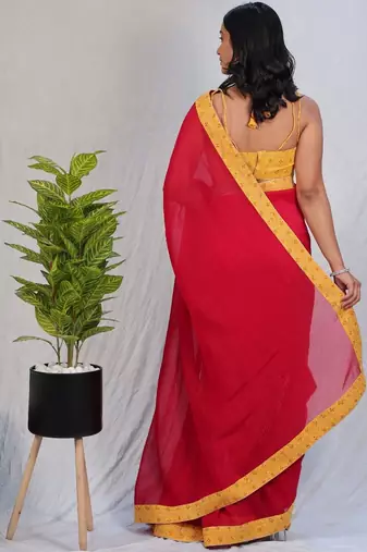 Red embellished beads and stones satin saree