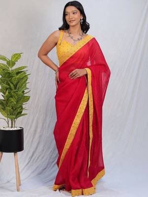 Red embellished beads and stones satin saree 5
