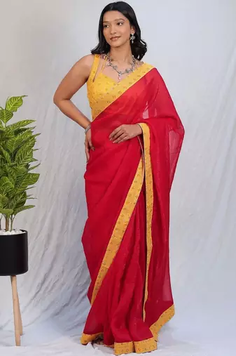 Red embellished beads and stones satin saree
