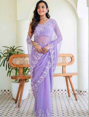 Lavender floral embroidered poly chiffon saree 1