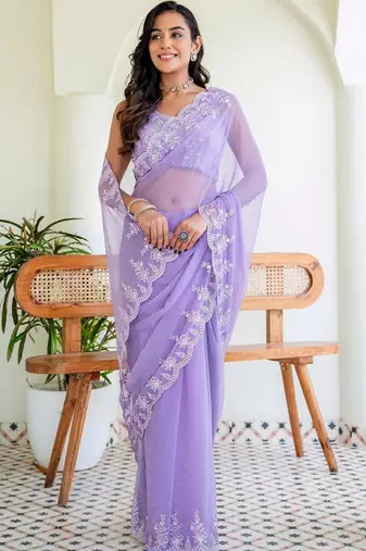 Lavender floral embroidered poly chiffon saree