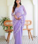 Lavender floral embroidered poly chiffon saree