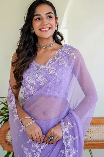Lavender floral embroidered poly chiffon saree