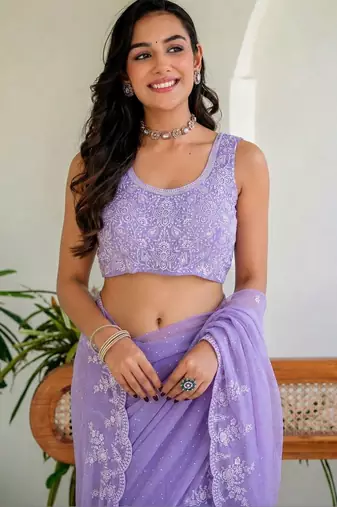 Lavender floral embroidered poly chiffon saree