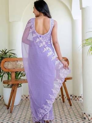 Lavender floral embroidered poly chiffon saree 5