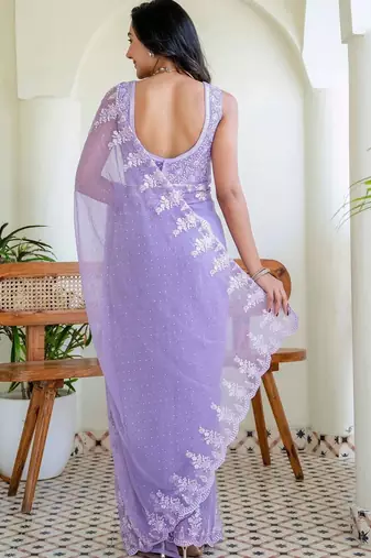 Lavender floral embroidered poly chiffon saree