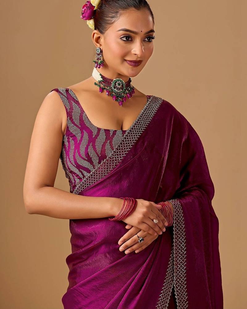 Purple embellished beads and stones satin heavy work saree