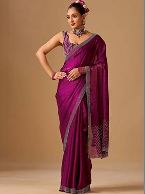Purple embellished beads and stones satin heavy work saree 2