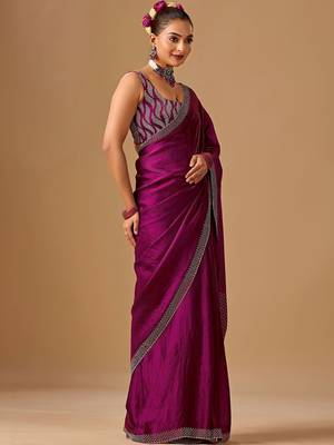 Purple embellished beads and stones satin heavy work saree 3