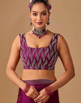 Purple embellished beads and stones satin heavy work saree 4