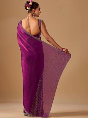 Purple embellished beads and stones satin heavy work saree 5