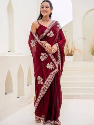 Maroon floral embroidered silk blend saree 1