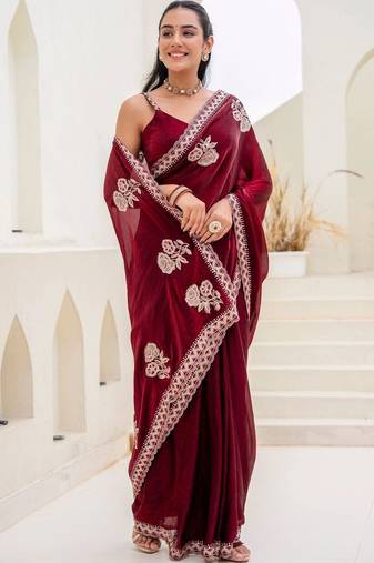 Maroon floral embroidered silk blend saree
