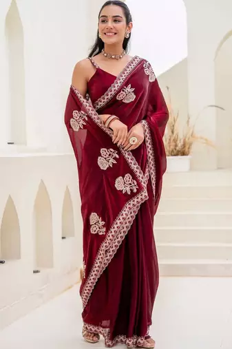 Maroon floral embroidered silk blend saree