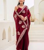 Maroon floral embroidered silk blend saree